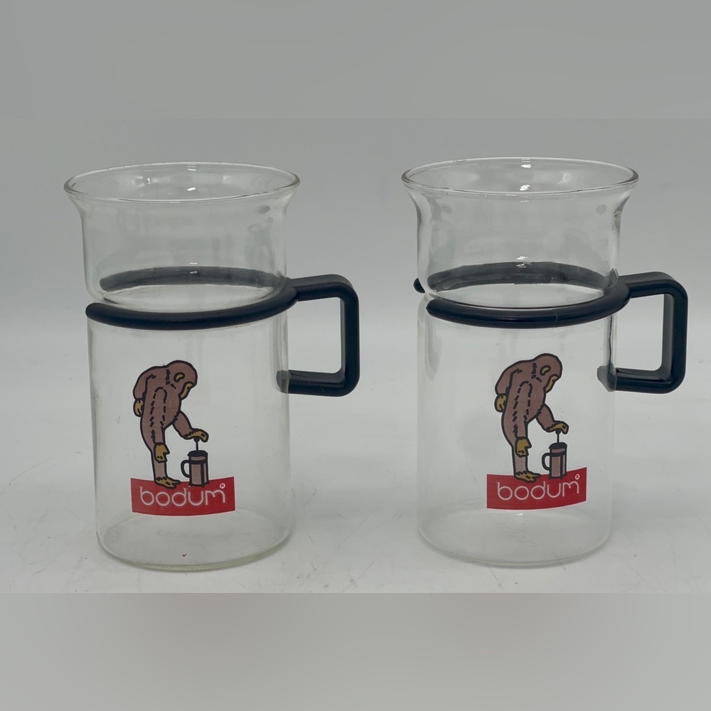 2x vintage tall BODUM glass/plastic black combi coffee mugs with Monkey design